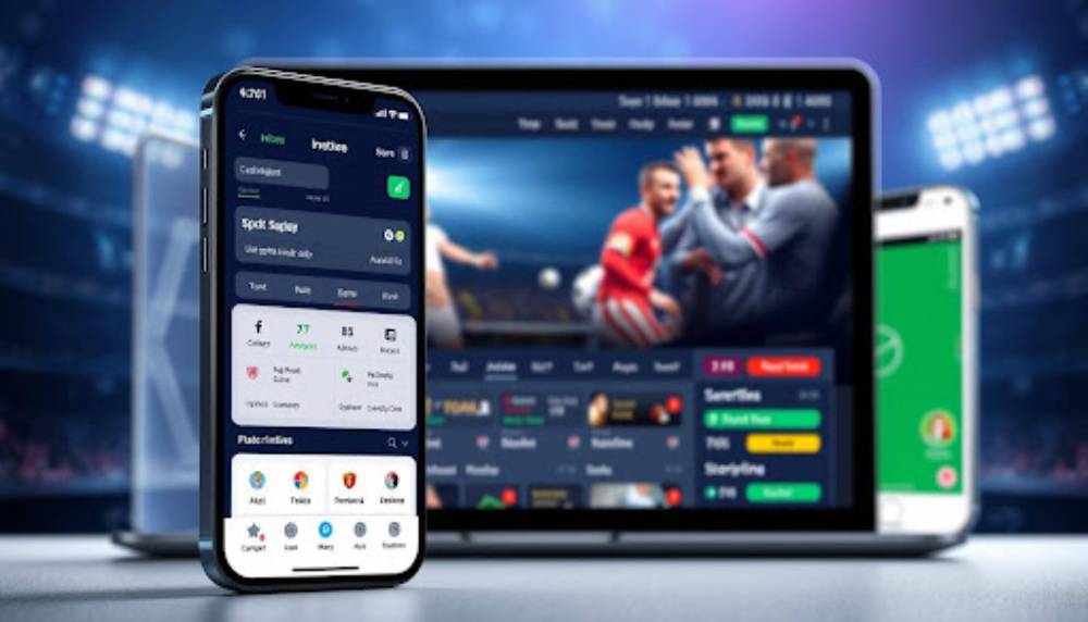 Multiple digital devices displaying cryptocurrency sports betting platforms, including a smartphone, laptop, and tablet, with user interfaces showing live betting odds, sports matches, and team logos in a stadium setting under bright lights.