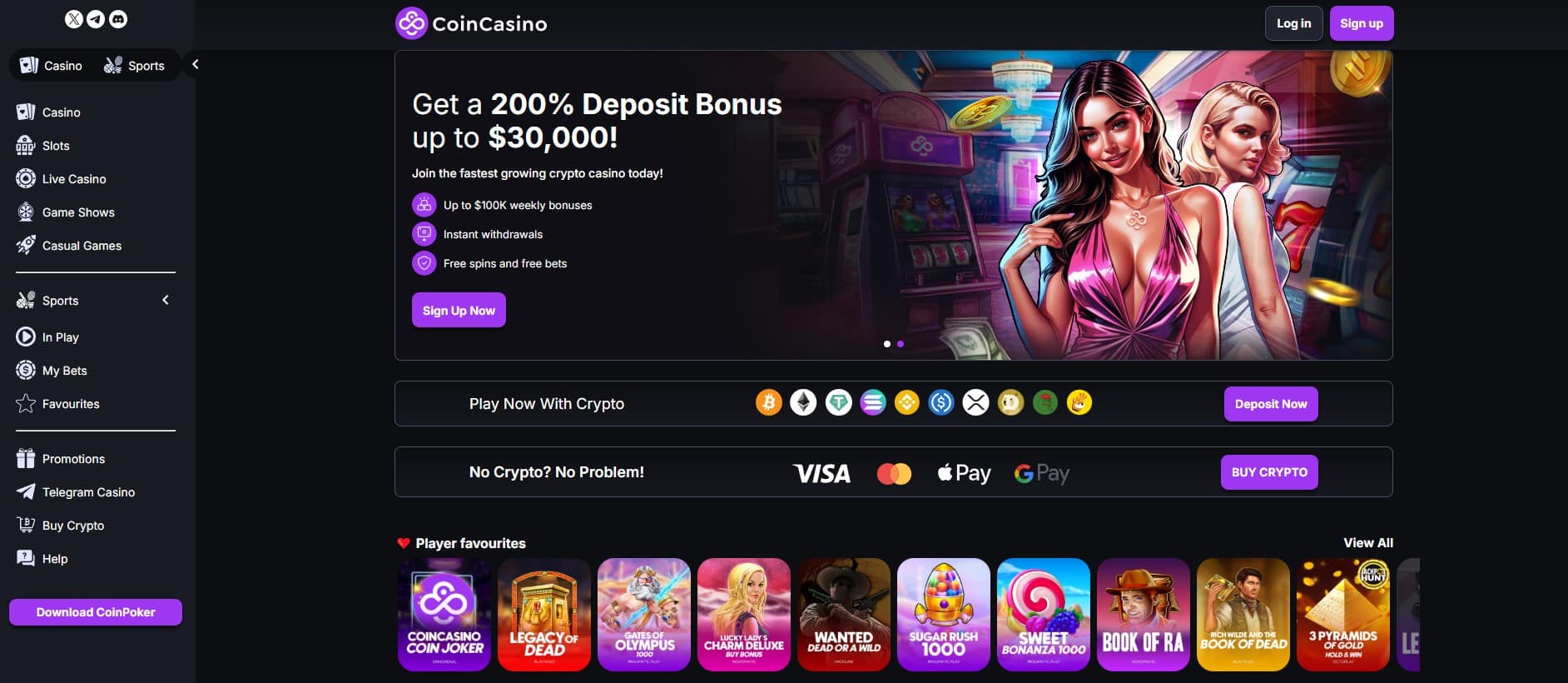 CoinCasino front page snapshot showing the largest welcome bonus out of all the best no verification casinos